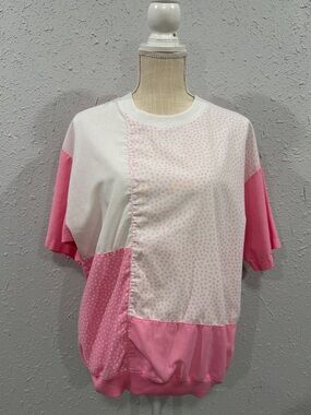 80s Lavon White and Pink Patchwork Polka Dot Short Sleeve Blouse Size Large